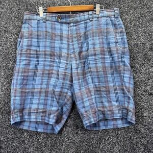 Brooks Brothers Baird McNutt Irish Linen Bermuda Shorts Blue Plaid Mens 36